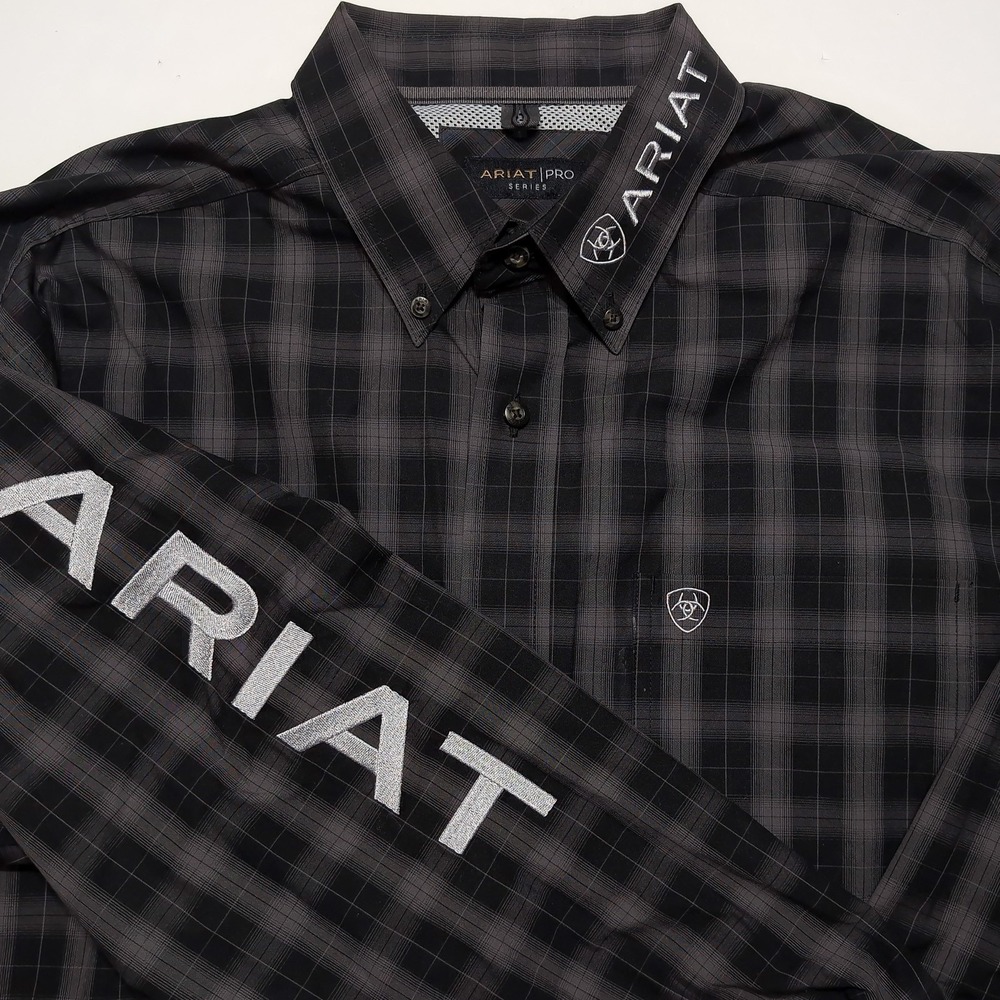 ARIAT Pro Series Shirt Mens XL Black Plaid Excellent Long Sleeve Spellout Logo